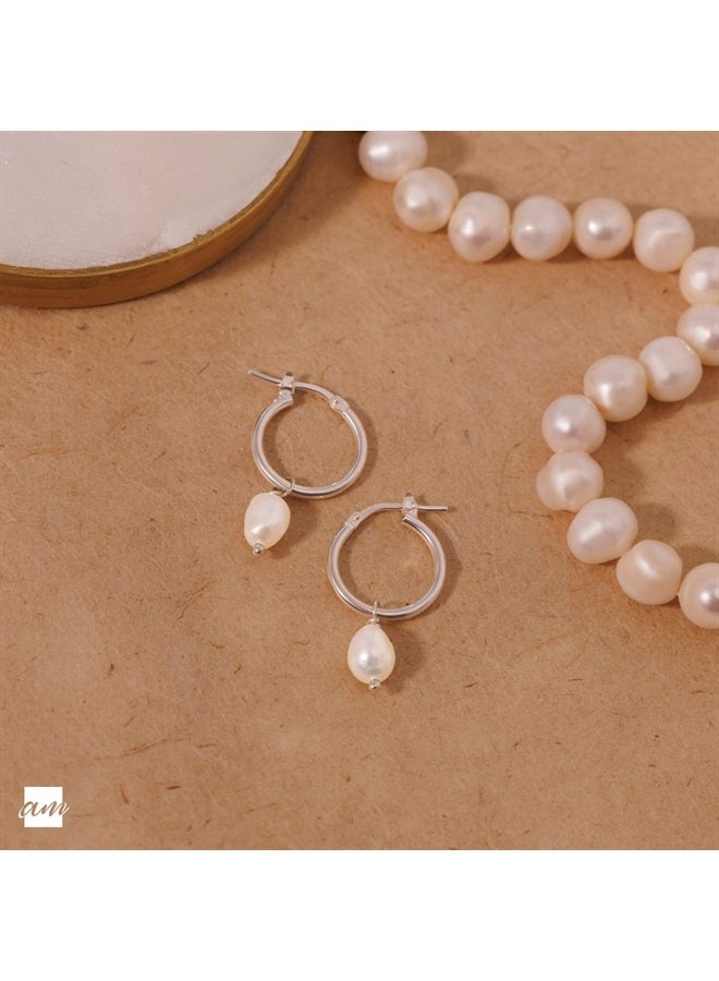 Amberta أقراط لؤلؤة المياه العذبة للنساء من فضة استرلينية 925: أقراط حلقة لؤلؤة 12 مم - فضة - Image 3