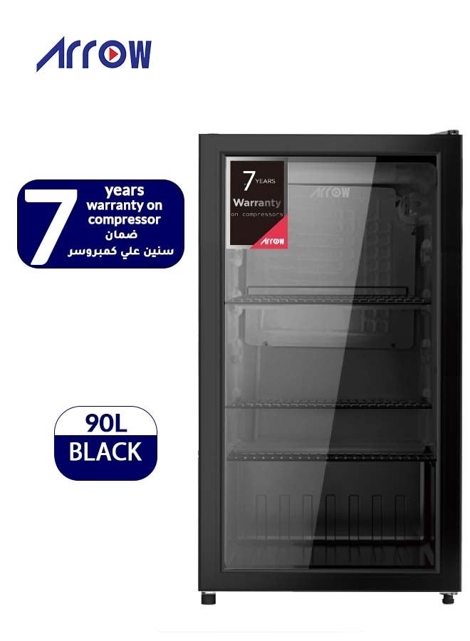Arrow 90L Display Door Cooling Refrigerator, 2 Cu. Ft. Capacity with Full Glass Black Panel, Recessed Handle, 3 Wire Shelves, Interior Light, Mechanical Temperature Control, Fan Cooling, and Inside Condenser | Model No: RO-110SCK - Image 1