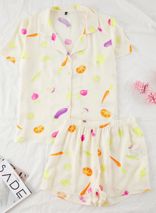 trendyol Ecru Vegetable Patterned Viscose Woven Pajamas Set with Shorts - Image 5