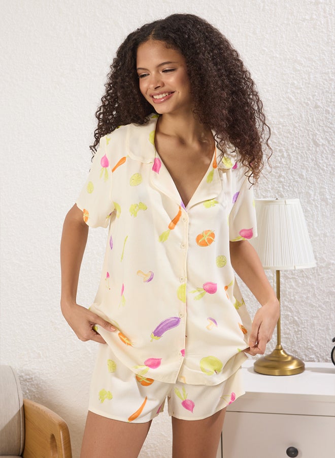 trendyol Ecru Vegetable Patterned Viscose Woven Pajamas Set with Shorts - Image 2