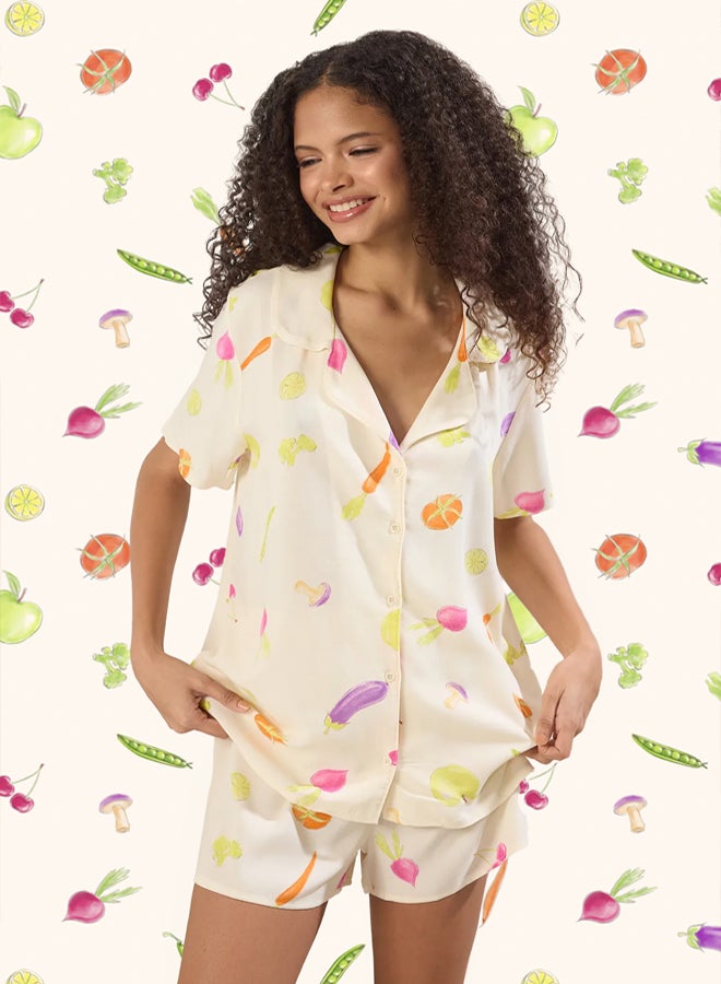 trendyol Ecru Vegetable Patterned Viscose Woven Pajamas Set with Shorts - Image 1
