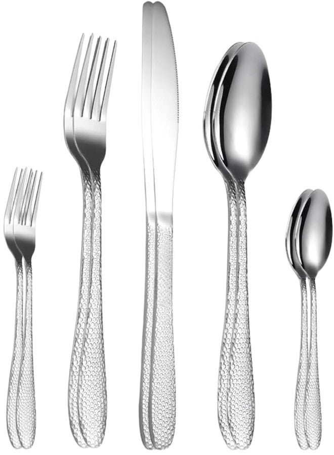 Eletree Stainless Steel Flatware Set | Hammered Handle Cutlery with Salad Forks Dinner Forks Tea Spoons Dinner Spoons and Knives | Dishwasher Safe Tableware for Home and Restaurant (10, Silver) - Image 1