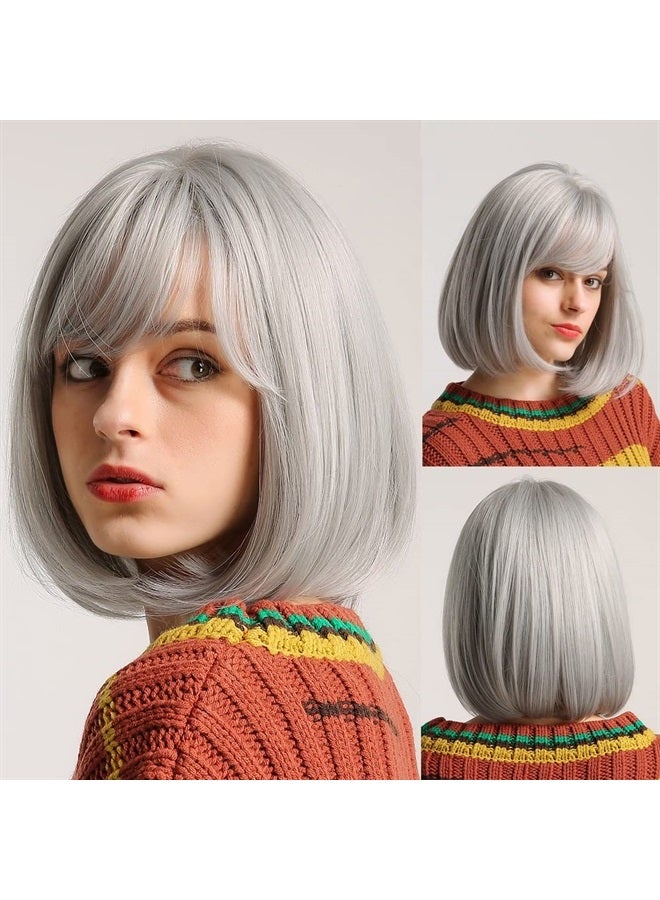 EMMOR Silver Grey Bob Wig with Bangs 13" Short Bob Wigs for Women Short Silver Grey Wig Heat Resistant Synthetic Wig Natural Looking for Daily Use(Silver Grey) - Image 1