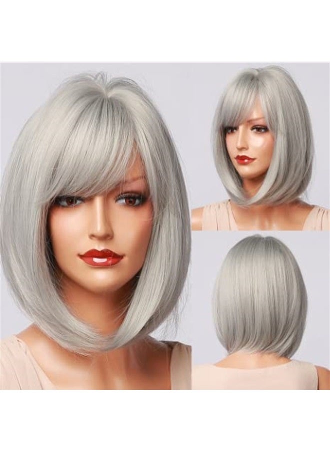 EMMOR Silver Grey Bob Wig with Bangs 13" Short Bob Wigs for Women Short Silver Grey Wig Heat Resistant Synthetic Wig Natural Looking for Daily Use(Silver Grey) - Image 2