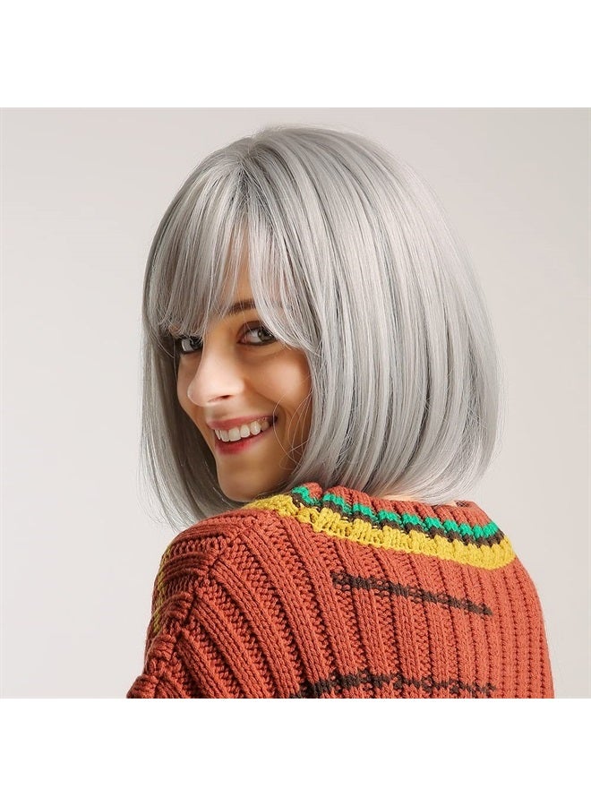 EMMOR Silver Grey Bob Wig with Bangs 13" Short Bob Wigs for Women Short Silver Grey Wig Heat Resistant Synthetic Wig Natural Looking for Daily Use(Silver Grey) - Image 3