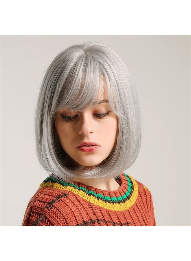 EMMOR Silver Grey Bob Wig with Bangs 13" Short Bob Wigs for Women Short Silver Grey Wig Heat Resistant Synthetic Wig Natural Looking for Daily Use(Silver Grey) - Image 4