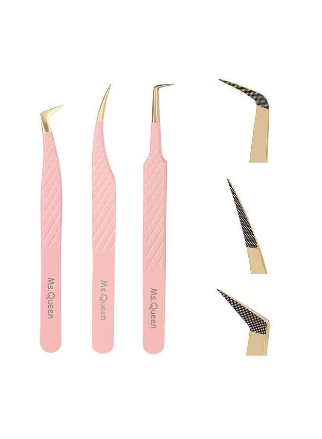 Ms.Queen Lash Tweezers for Eyelash Extensions,Precision 3Pcs Fiber Tip Grip 90 Degree L-Shaped Boot Volume Dolphin Isolation Eyelash Tweezers Set - Image 1