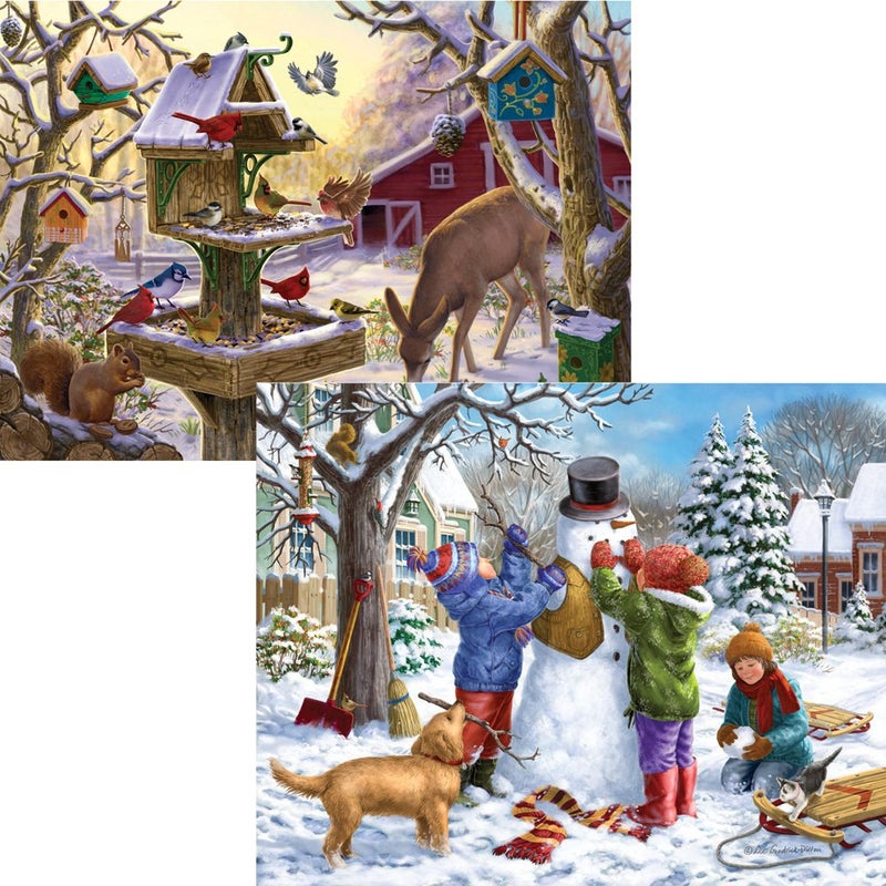 Bits and Pieces Value Set of Two 300 Piece Jigsaw Puzzles for Adults Building a Snowman on a Snow Day Sunrise Feasting Winter Snow Jigsaw Puzzles by Artist Liz Goodrick Dillon