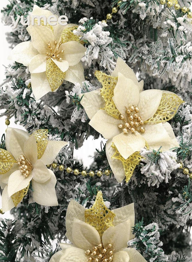 yumee 36 Pieces Christmas Poinsettia Glitter Faux Flowers  Artificial Flowers Tree Ornaments Topper for Tree/Wedding/Home Party/Festival Decorations(Gold) - Image 1