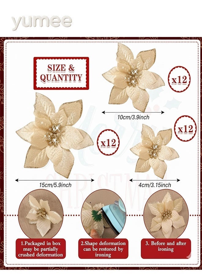yumee 36 Pieces Christmas Poinsettia Glitter Faux Flowers  Artificial Flowers Tree Ornaments Topper for Tree/Wedding/Home Party/Festival Decorations(Gold) - Image 2