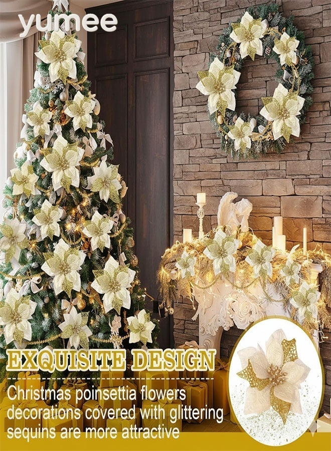 yumee 36 Pieces Christmas Poinsettia Glitter Faux Flowers  Artificial Flowers Tree Ornaments Topper for Tree/Wedding/Home Party/Festival Decorations(Gold) - Image 4
