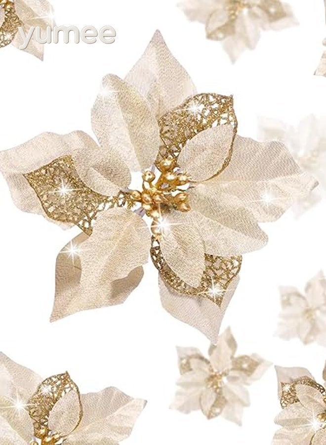 yumee 36 Pieces Christmas Poinsettia Glitter Faux Flowers  Artificial Flowers Tree Ornaments Topper for Tree/Wedding/Home Party/Festival Decorations(Gold) - Image 5