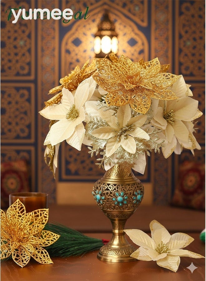 yumee 36 Pieces Christmas Poinsettia Glitter Faux Flowers  Artificial Flowers Tree Ornaments Topper for Tree/Wedding/Home Party/Festival Decorations(Gold) - Image 3