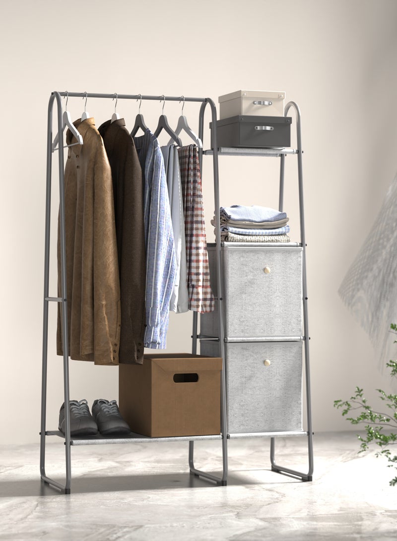 fashionhome Premium Modern Metal Clothes Rack with Fabric Storage Boxes and Side Storage Shelfs Freestanding Clothing Rack Standing Metal Sturdy Clothing Rack 150x40x100 cm  - Image 2