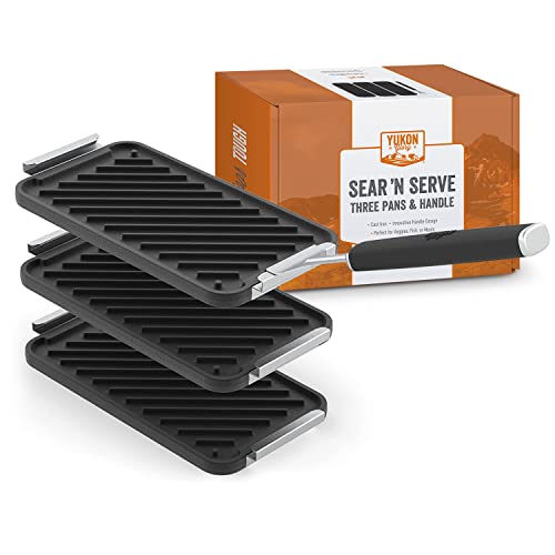 Yukon Glory SEAR 'N SERVE Cast Iron Grill Pan Set - Includes 3 Cast Iron Grilling Baskets & Clip-On Handle - Ideal for Stove Tops or Outdoor Grills - Image 1