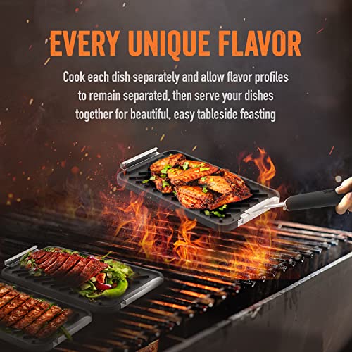 Yukon Glory SEAR 'N SERVE Cast Iron Grill Pan Set - Includes 3 Cast Iron Grilling Baskets & Clip-On Handle - Ideal for Stove Tops or Outdoor Grills - Image 4
