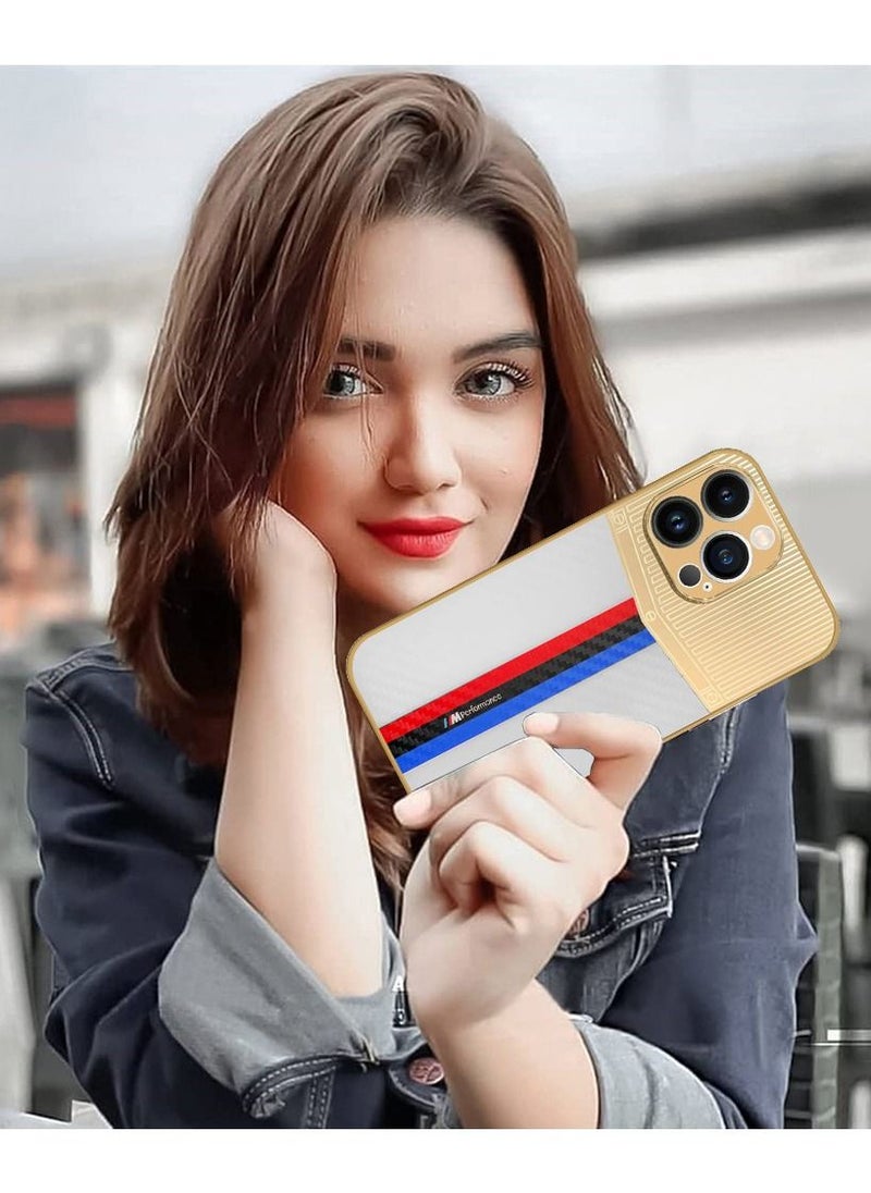 JOWAY - iPhone 13 Pro Luxury Gold Plated Case Hybrid Electroplated Frame Back Cover with Carbon Fiber Texture White/Blue/Red - Image 1