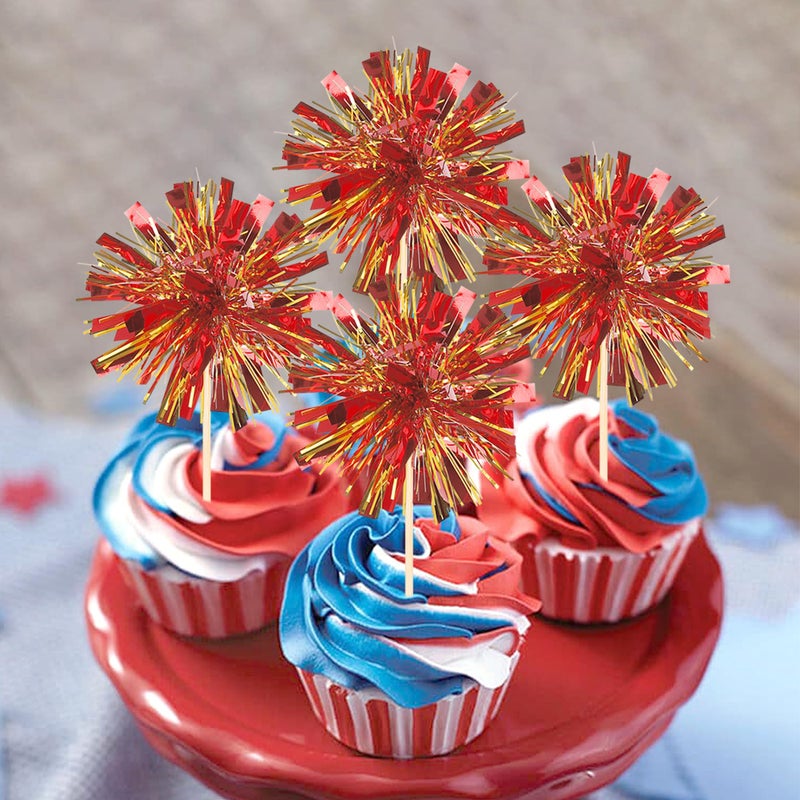 Rsstarxi 30 Pack Foil Firework Cupcake Toppers Sparkle Tinsel Drink Cake Decorations Cocktail Picks for New Years Valentine's Day Birthday Wedding Graduation Party Decorations Gold Red - Image 4