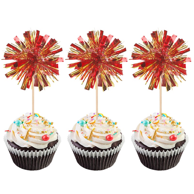 Rsstarxi 30 Pack Foil Firework Cupcake Toppers Sparkle Tinsel Drink Cake Decorations Cocktail Picks for New Years Valentine's Day Birthday Wedding Graduation Party Decorations Gold Red - Image 1