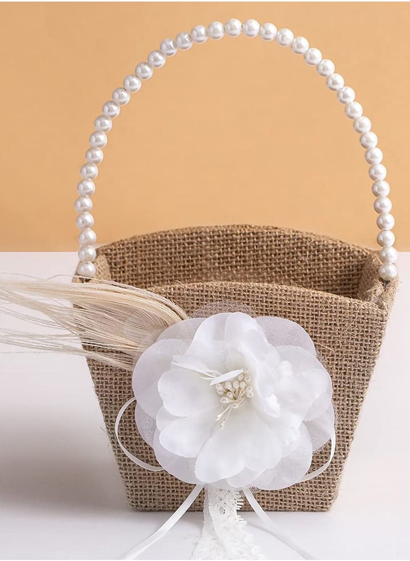 واي آند دي Flower Girl Basket, Rustic Basket Burlap Jute with Pearl Handle For Vintage Wedding Ceremony  - Image 1