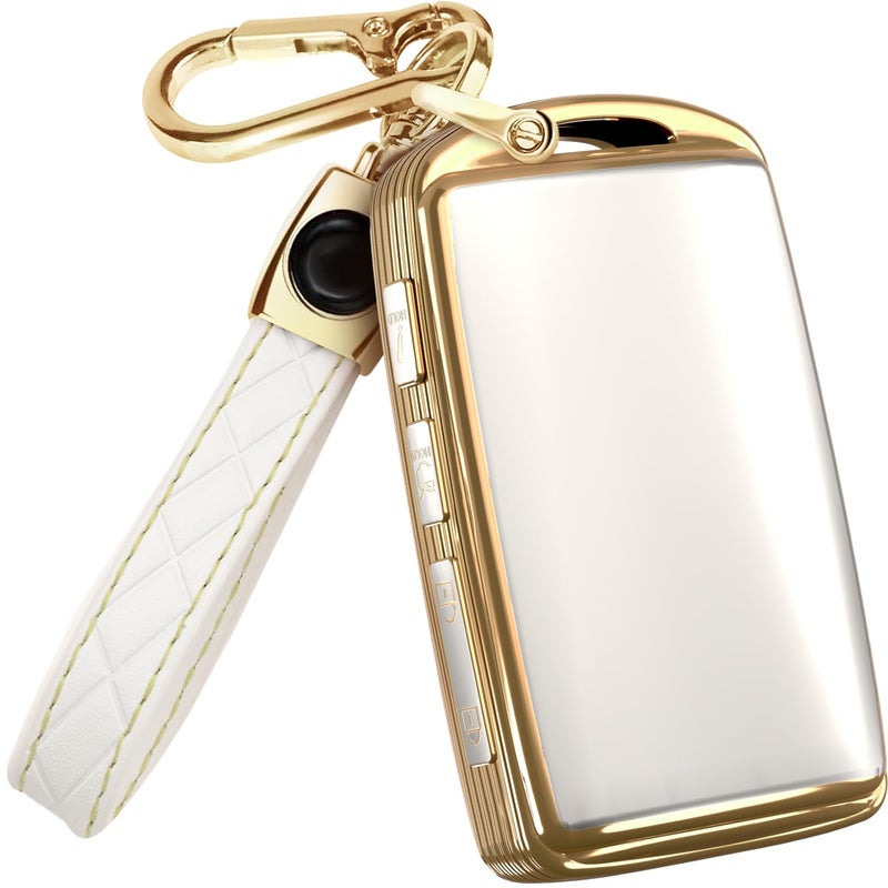 Lucrum for Mazda CX5 Key Fob Cover and Leather Keychain - TPU Key Case for Mazda 3, 6, CX-5, CX-9, CX-30, CX-50, CX-70-2019-2025 Keyfob Cover Compatible with WAZSKE11D0 - White and Gold - Image 1