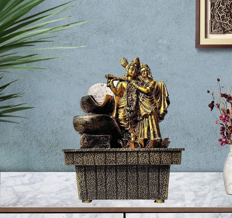 GTC ® Beautiful Krishna and Radha Home Indoor Fountain Show Piece for Home Decorative Home Gifts for Drawing Room Waterfall Decorative Item with Crystal Ball and Mini Water Pump Polystone (1729) - Image 1