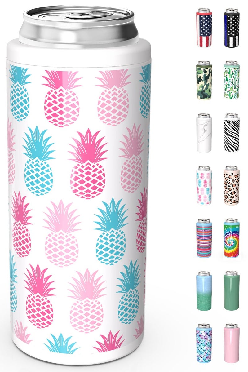 TILUCK Skinny Can Cooler for Slim Beer & Hard Seltzer, Stainless Steel, Doucle-Walled Stainless Steel Insulated Slim Cans, Standard 12 oz (Pineapple 01) - Image 1