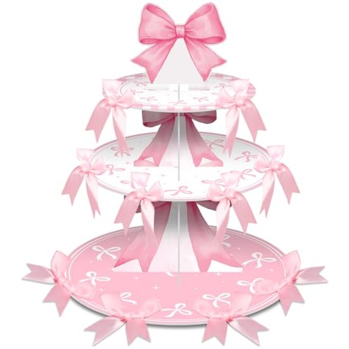 Vesici Pink Bow Cupcake Stand Pink Bow Birthday Decorations 3 Tier Coquette Cupcake Holder Dessert Tower with 20 Bowknots Coquette Theme Party Decorations for Women Girls Bridal Bachelorette Supplies