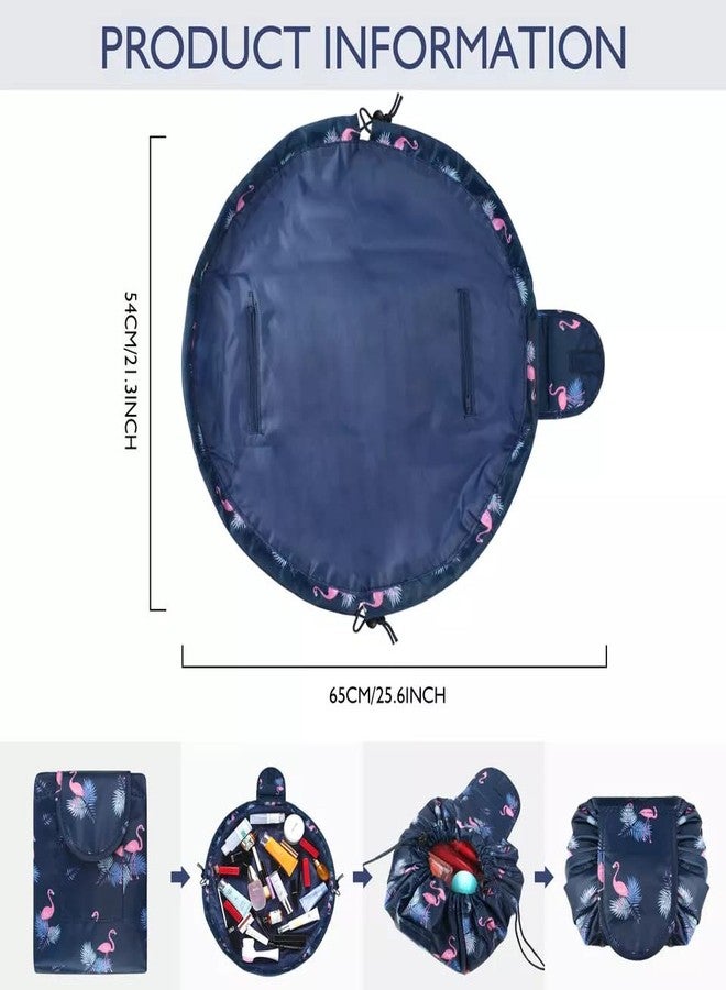 ERHETUS Women's Convenient & Waterproof Lazy Cosmetic Bag with Drawstrings | Portable Storage Makeup Organizer for Girls | Large Capacity Toiletry Bags | Multifunction Travel Pouches (Navy Flamingo) - Image 2