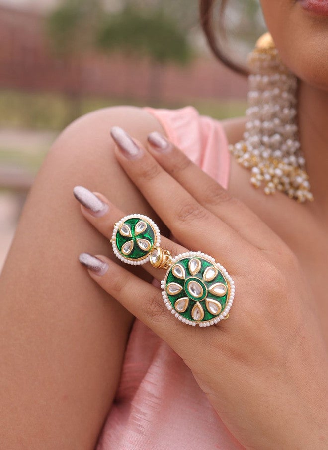 Binnis Wardrobe Aranya Pachi Kundan Studded & Pearls Beaded Adjustable Finger Ring - Image 1