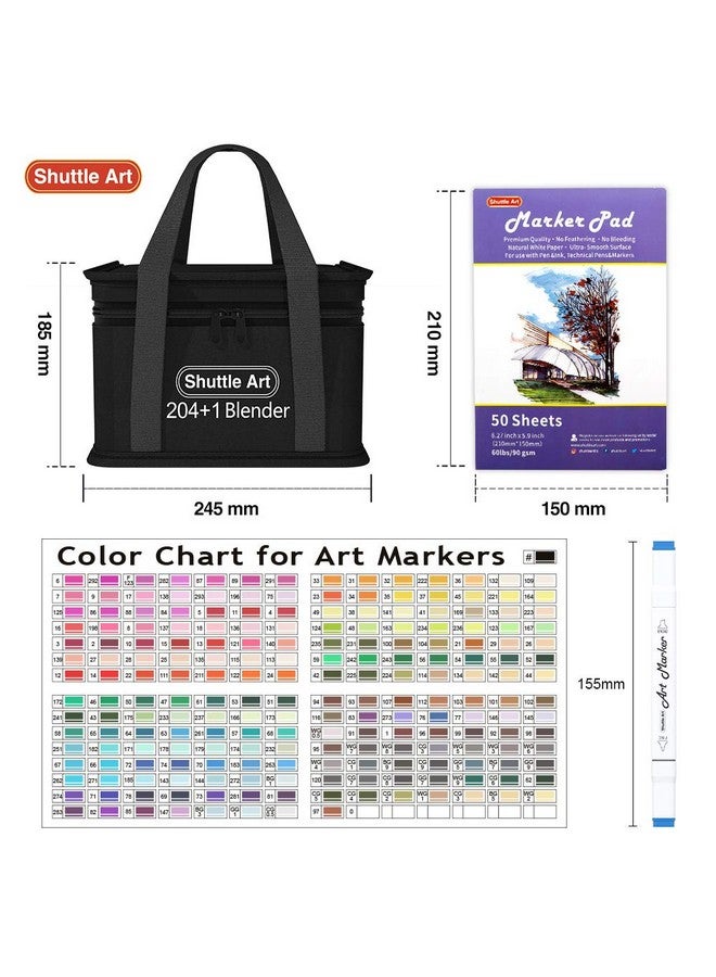 Shuttle Art 205 Colors Dual Tip Alcohol Markers, 204 Colors Permanent Marker Plus 1 Blender 1 Marker Pad 1 Case And Color Chart For Kids Adult Artist Drawing Coloring Books Sketching Card Making - Image 2