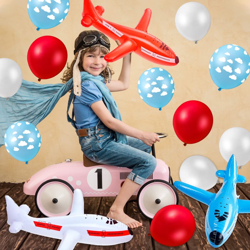 Gejoy 56 Pieces Airplane Birthday Party Supplies with Inflatable Balloons Airplane Themed Party Decoration Thick Latex Balloon Birthday Banners Cloud Decor - Image 4