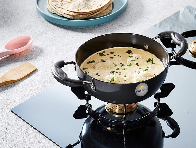 FLIXBLOOM Cosmic Black Hard Anodised Induction Base Gas Stovetop Compatible Cookware Utensil Kadai for Cooking Frying Kadhai Without Lid 3 Litre - Image 2