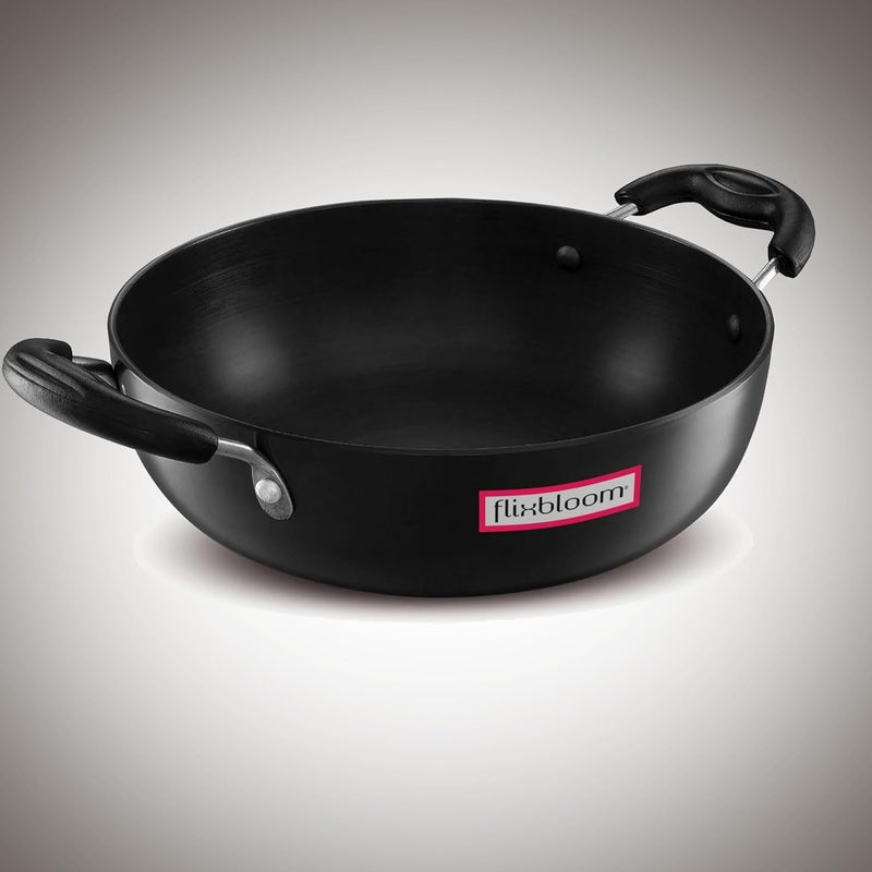 FLIXBLOOM Cosmic Black Hard Anodised Induction Base Gas Stovetop Compatible Cookware Utensil Kadai for Cooking Frying Kadhai Without Lid 3 Litre - Image 1