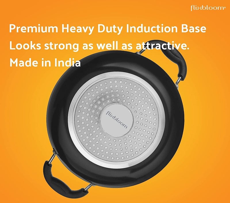 FLIXBLOOM Cosmic Black Hard Anodised Induction Base Gas Stovetop Compatible Cookware Utensil Kadai for Cooking Frying Kadhai Without Lid 3 Litre - Image 4