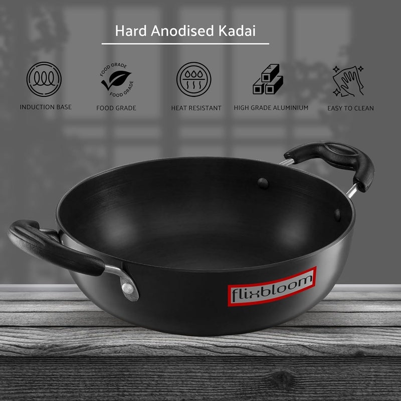 FLIXBLOOM Cosmic Black Hard Anodised Induction Base Gas Stovetop Compatible Cookware Utensil Kadai for Cooking Frying Kadhai Without Lid 3 Litre - Image 3