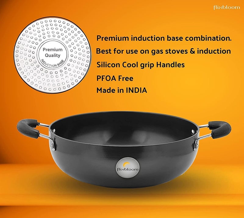 FLIXBLOOM Cosmic Black Hard Anodised Induction Base Gas Stovetop Compatible Cookware Utensil Kadai for Cooking Frying Kadhai Without Lid 3 Litre - Image 5