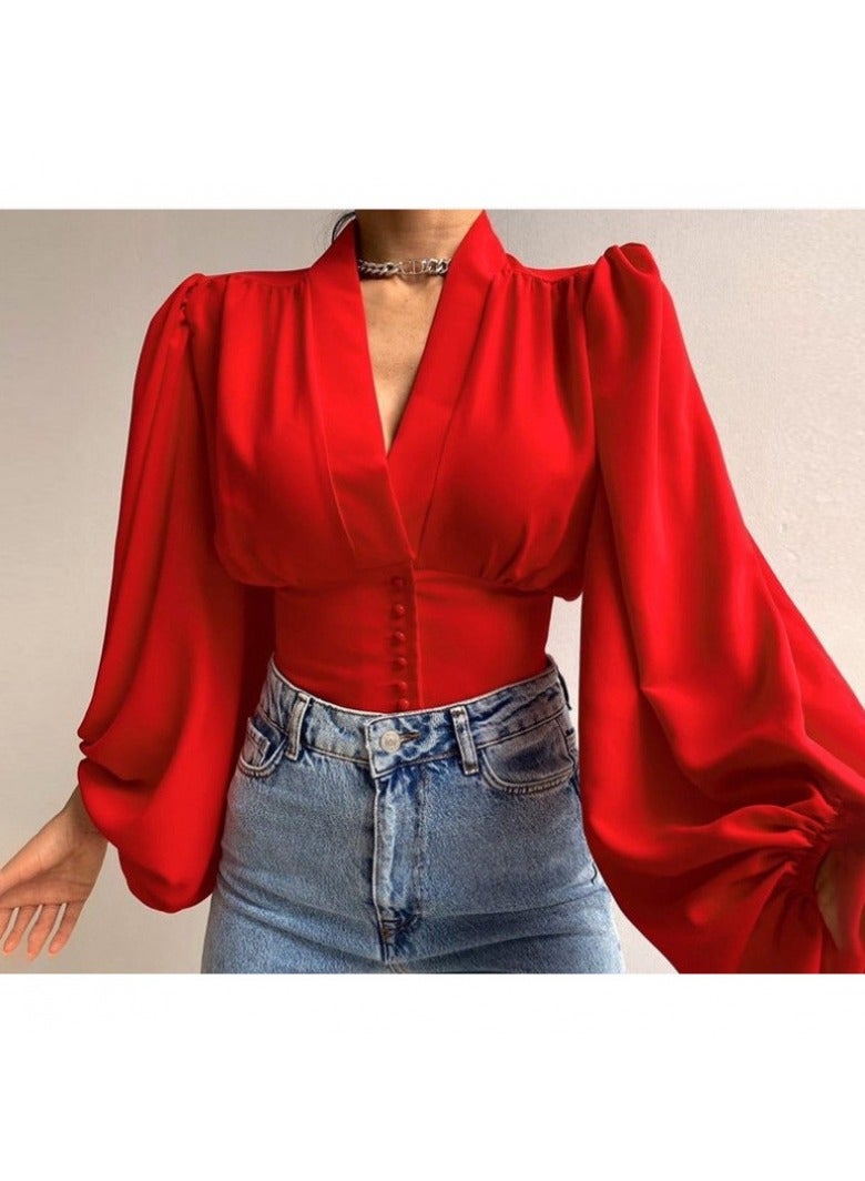 Shougu New Temperament Button V-neck Top Shirt  - Image 1