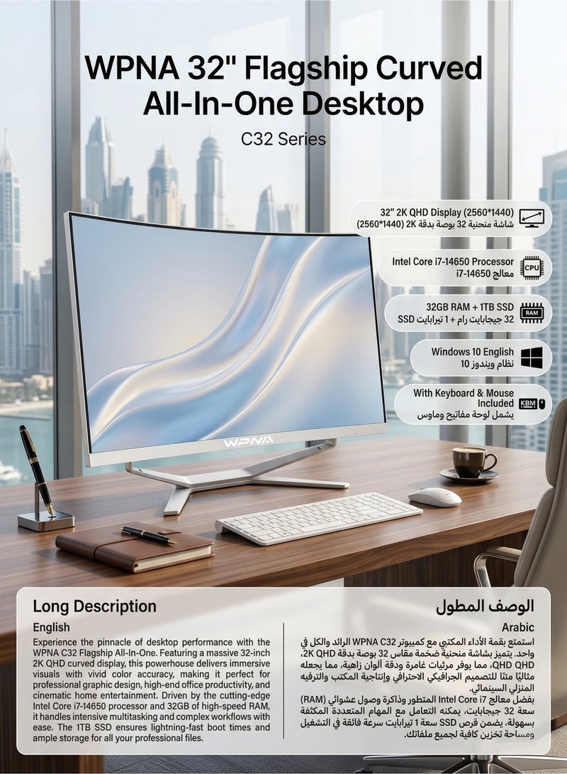 WPNA 32-Inch Flagship Curved All-In-One Desktop | Intel Core i7-14650 | 32GB RAM | 1TB SSD | 2K QHD Display | Windows 10 | With Keyboard & Mouse - White (C32) english - Image 2