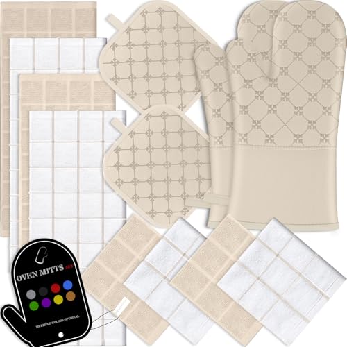BSKSSK Oven Mitts Kitchen Towels Dishcloths with Pot Holders Sets 12PCS, Dish Towels Sets, Oven Gloves Pot Pads Heat Resistant 500 Degrees with Non-Slip Silicone Surface for Cooking Baking Grilling-Milkshake - Image 1