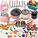 PPXMEEUDC Kids Kitchen Toy Accessories Kitchen Playset Pretend Cooking Play Pots Pans Utensils Cookware Food Fruit Veges Shopping Storage Basket Learning Present for Girls Boys - Image 2