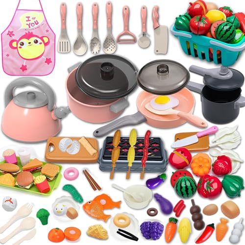 PPXMEEUDC Kids Kitchen Toy Accessories Kitchen Playset Pretend Cooking Play Pots Pans Utensils Cookware Food Fruit Veges Shopping Storage Basket Learning Present for Girls Boys - Image 1