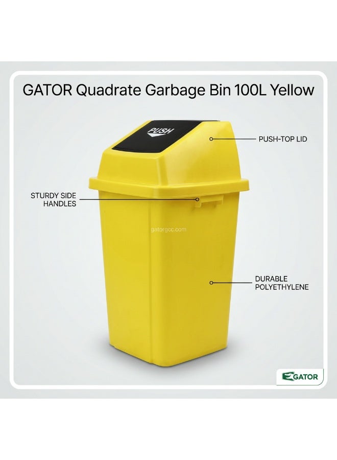 GATOR Quadrate Garbage Bin | Push Lid Plastic Waste Bin | Large Indoor & Commercial Dustbin | Durable Trash Can | 100L | Yellow - Image 2