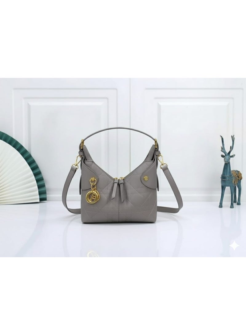 Shoulder Bag with long Belt Strap,Matte Leather ,Gold Hardware,color [GRAY] size 27 cm
