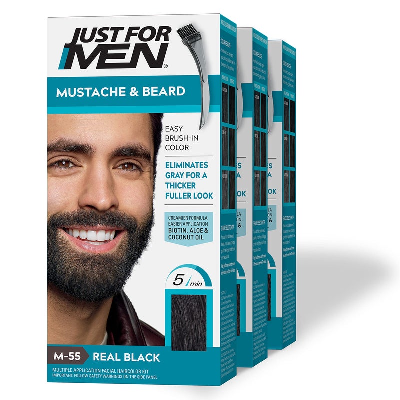 Just For Men Mustache & Beard, Beard Coloring for Gray Hair with Brush, With Keratin Biotin Aloe and Coconut Oil for Healthy Facial Hair - Real Black, M-55, Pack of 3 (Packaging May Vary) - Image 1
