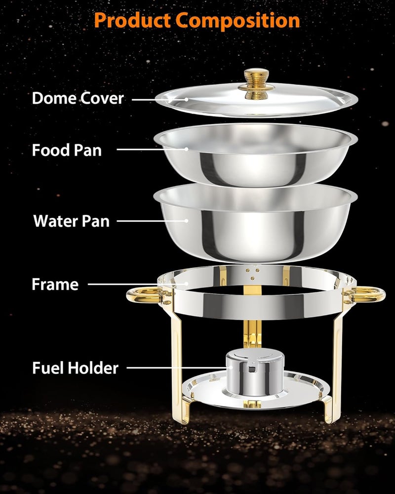 Takywep 5QT 4 Packs Chafing Dish Buffet Set, NSF Round Stainless Steel Chafers and Warmers Food Servers Sets with Lid & Lid Holder, Spoon & Tweezer for Catering Events Parties Weddings Dinners, Gold - Image 2