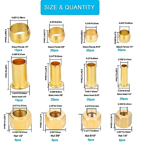 Breezliy 1/4", 3/8", 5/16", 1/2" OD Brass Compression Insert,Sleeve Ferrule,Nut 200PCS - Image 2