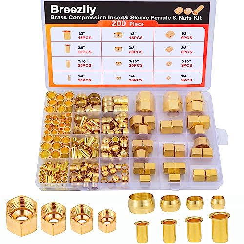 Breezliy 1/4", 3/8", 5/16", 1/2" OD Brass Compression Insert,Sleeve Ferrule,Nut 200PCS - Image 1