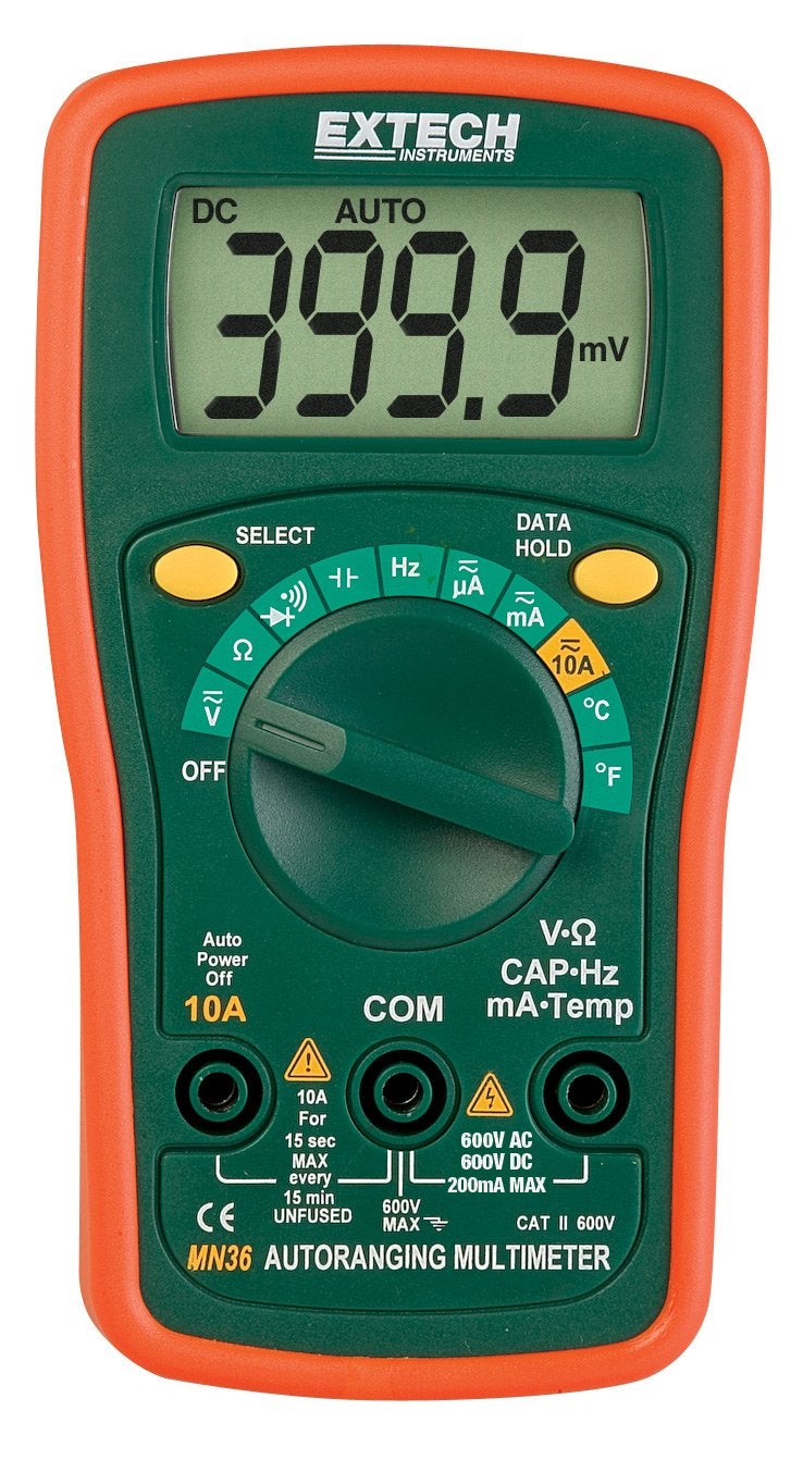 Extech MN36 MiniTec Autoranging Digital Mini Multimeter - 600â€¯V AC/DC, 10â€¯A, Temperature, Resistance, Capacitance, Frequency, Continuity/Diode, Protective Holster & Tilt Stand Included