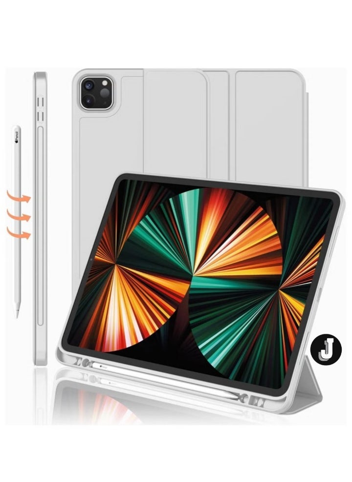 JAJEEK "iPad Pro 12.9 Case (2022/2021, 6th/5th Gen) with Pencil Holder – Trifold Stand, Auto Wake/Sleep, Soft TPU Back, Supports 2nd Gen Pencil Charging, Silver Gray" - Image 1
